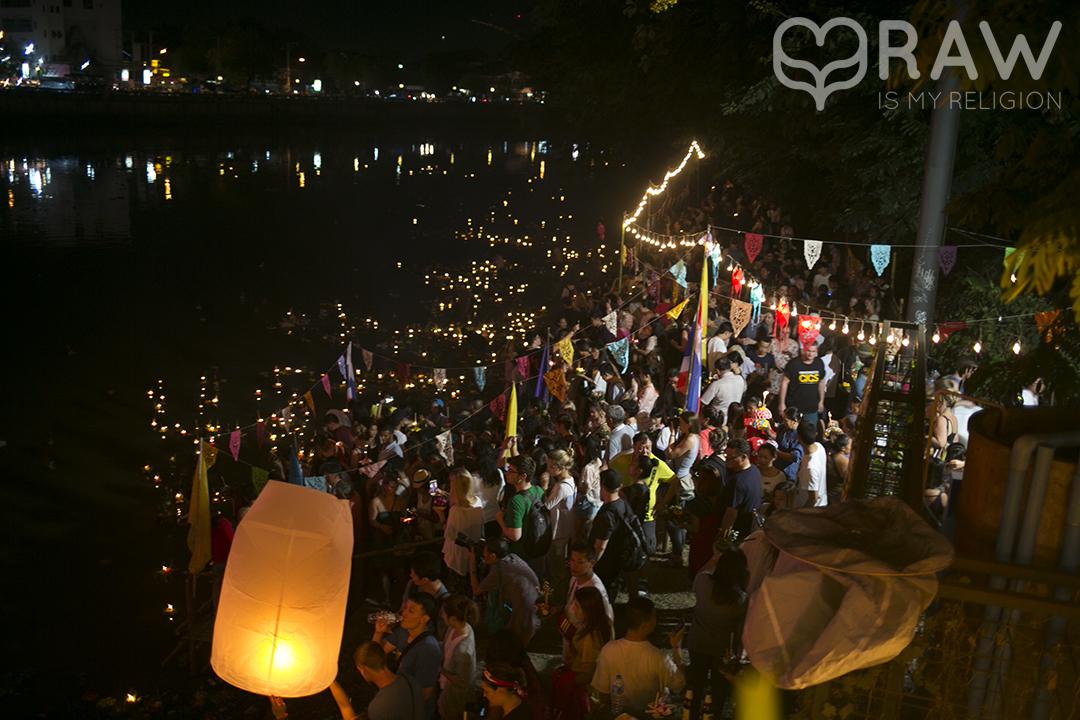 happy thai people Festival of light Loi Krathong and Yi Peng in Chiang Mai